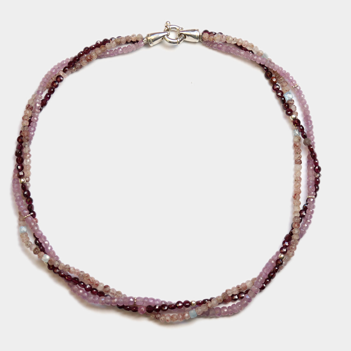 Dreireihige Kette: Rubin, Granat, Stawberryquarz