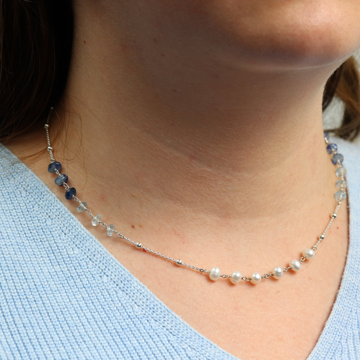 Silber Kugelkette mit Aquamarin und Perlen