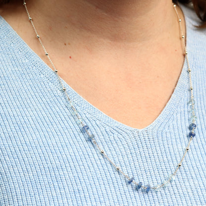 Lange Silber Kugelkette mit Aquamarin